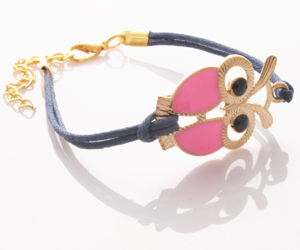Armband - Guldfärgad uggla rosa & blå