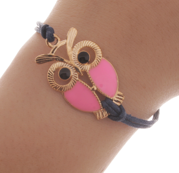 Armband - Guldfärgad uggla rosa & blå