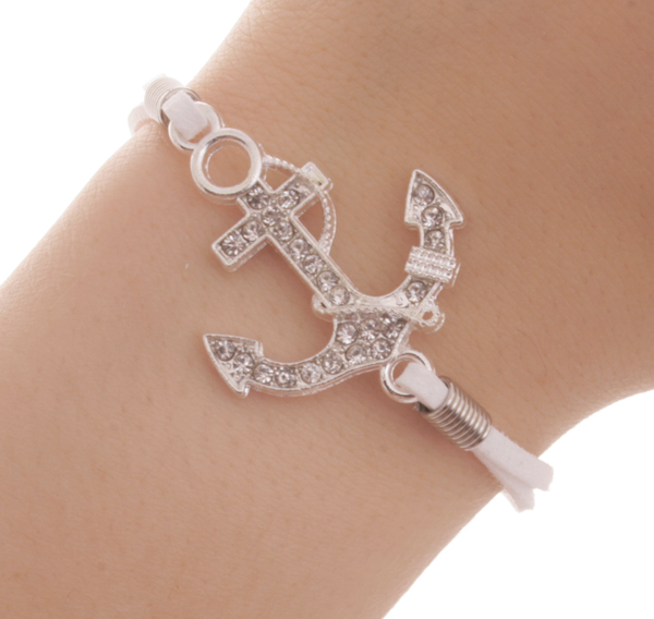 Armband - Silverfärgat ankare med strass vit