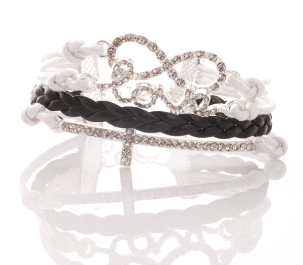 Armband - Glittrig evighetssymbol, love-text & kors vit & svart