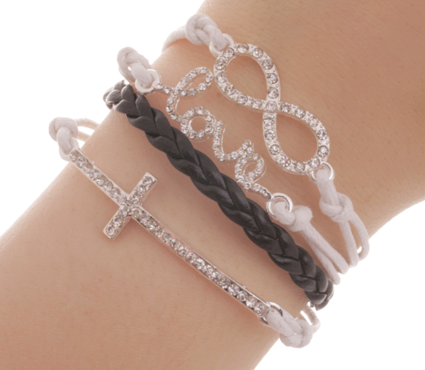 Armband - Glittrig evighetssymbol, love-text & kors vit & svart