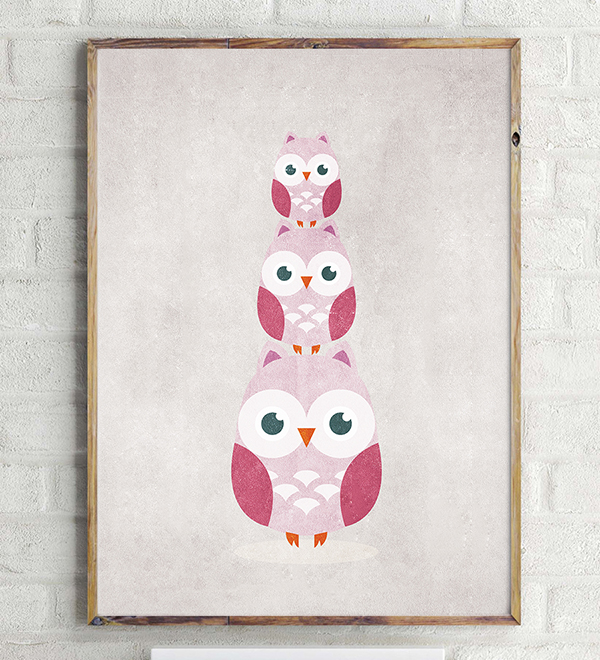 Poster Canvas A3 - Tre rosa ugglor
