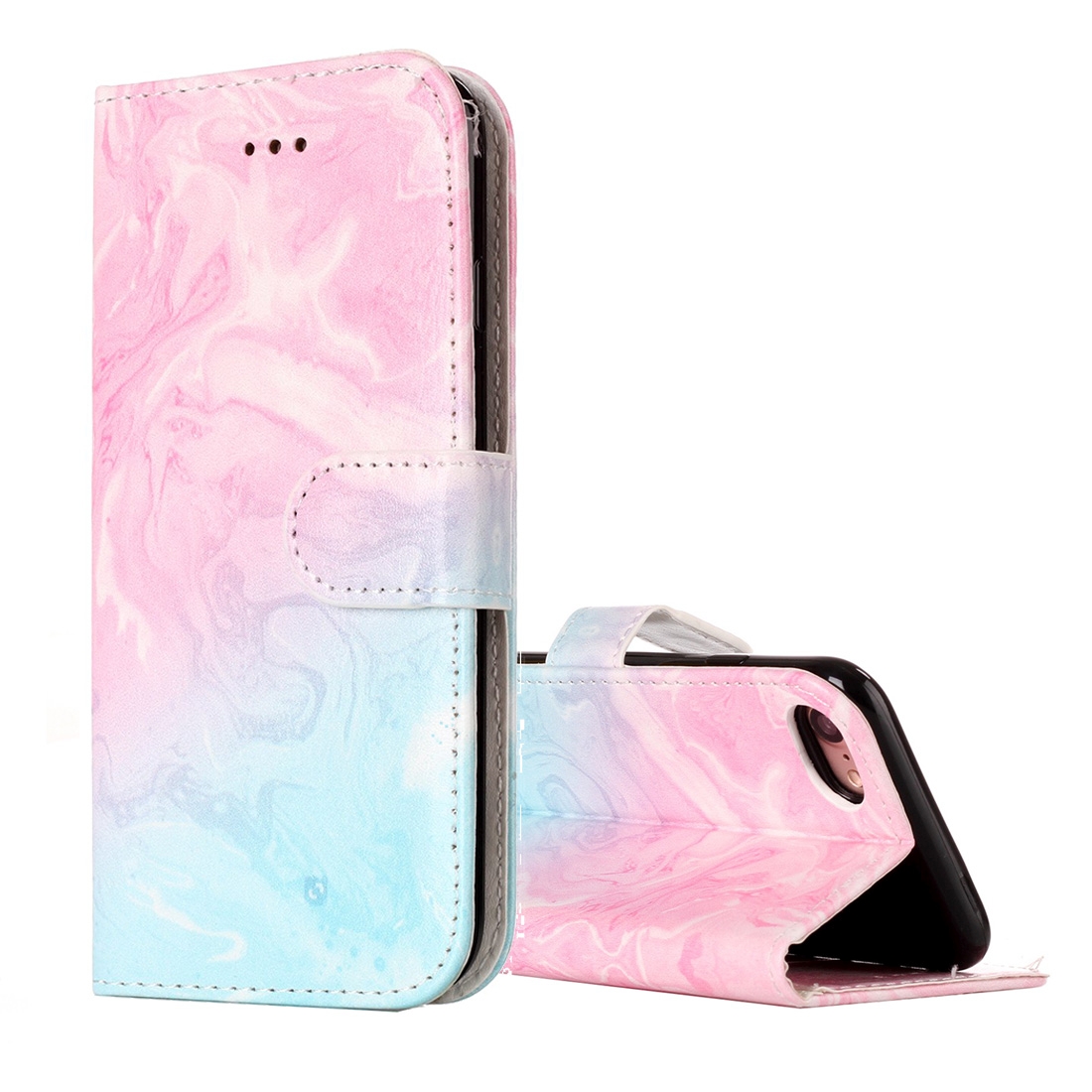 Plånboksfodral för iPhone 7 & 8 - Konstläder marmormönster rosa & blå
