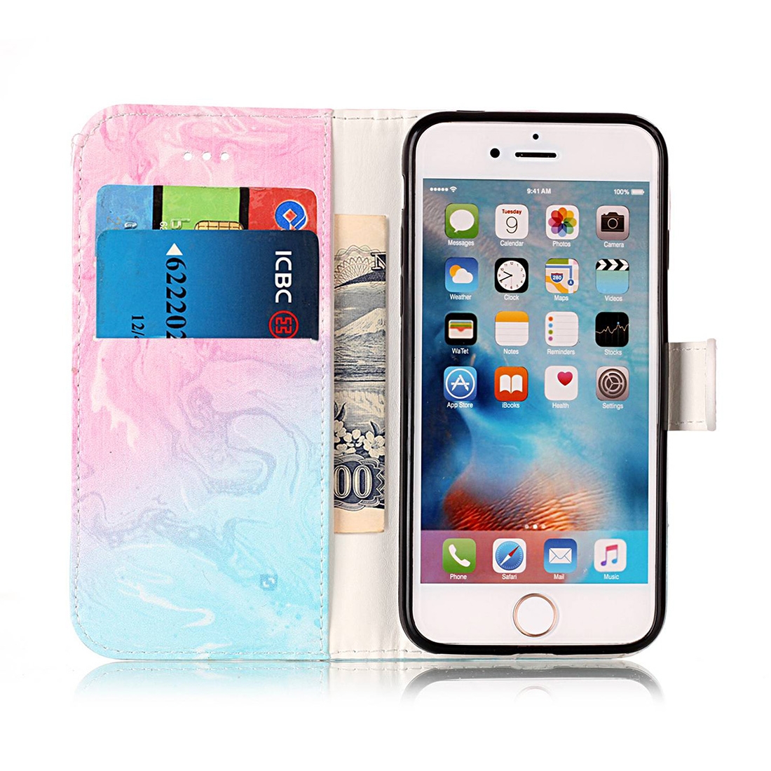 Plånboksfodral för iPhone 7 & 8 - Konstläder marmormönster rosa & blå