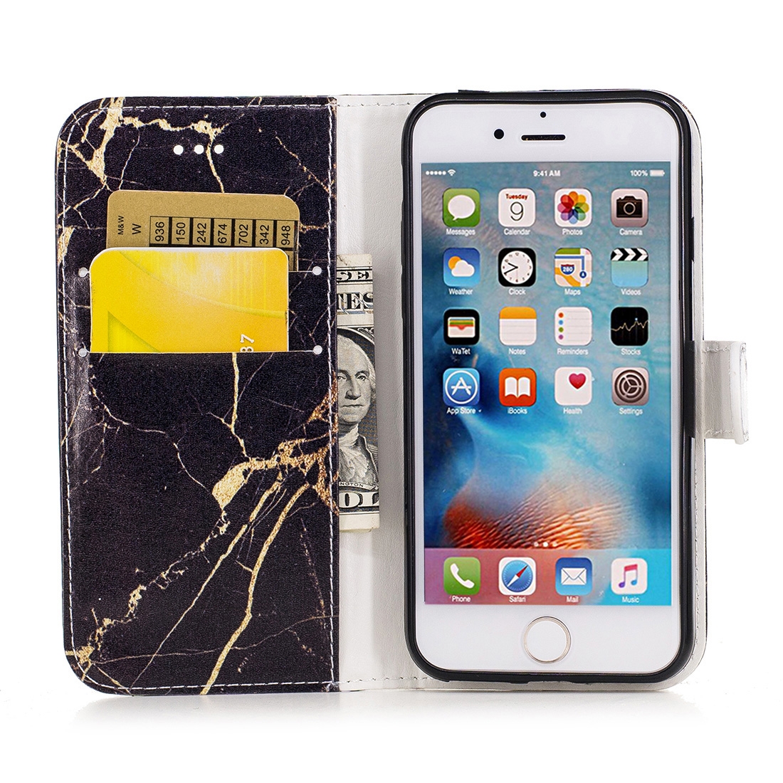 Plånboksfodral för iPhone 7 & 8 - Konstläder marmor svart & guld