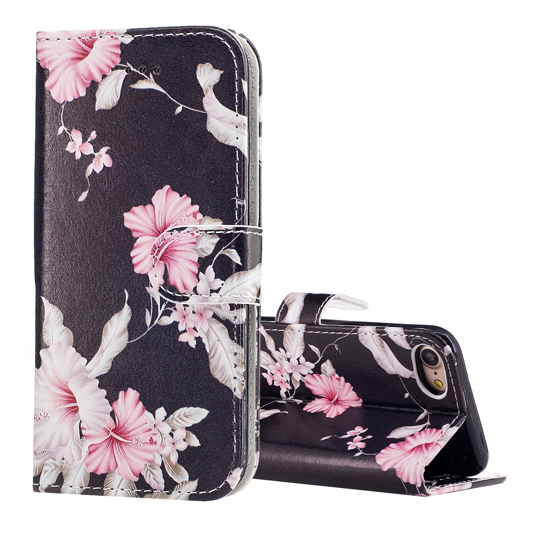 Plånboksfodral för iPhone 7 & 8 - Konstläder svart med rosa blommor