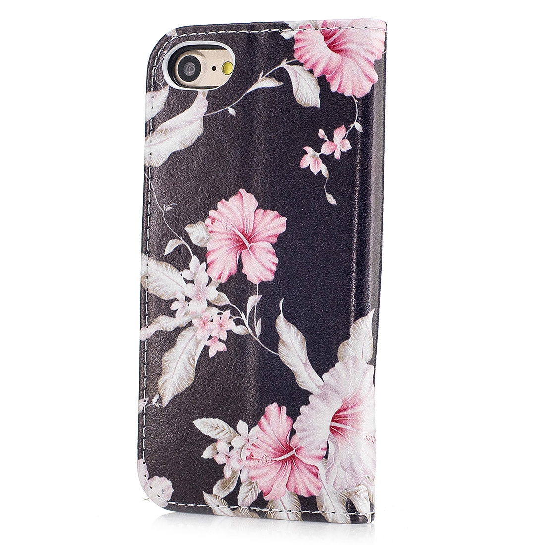 Plånboksfodral för iPhone 7 & 8 - Konstläder svart med rosa blommor