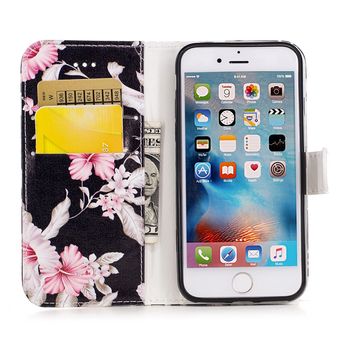 Plånboksfodral för iPhone 7 & 8 - Konstläder svart med rosa blommor
