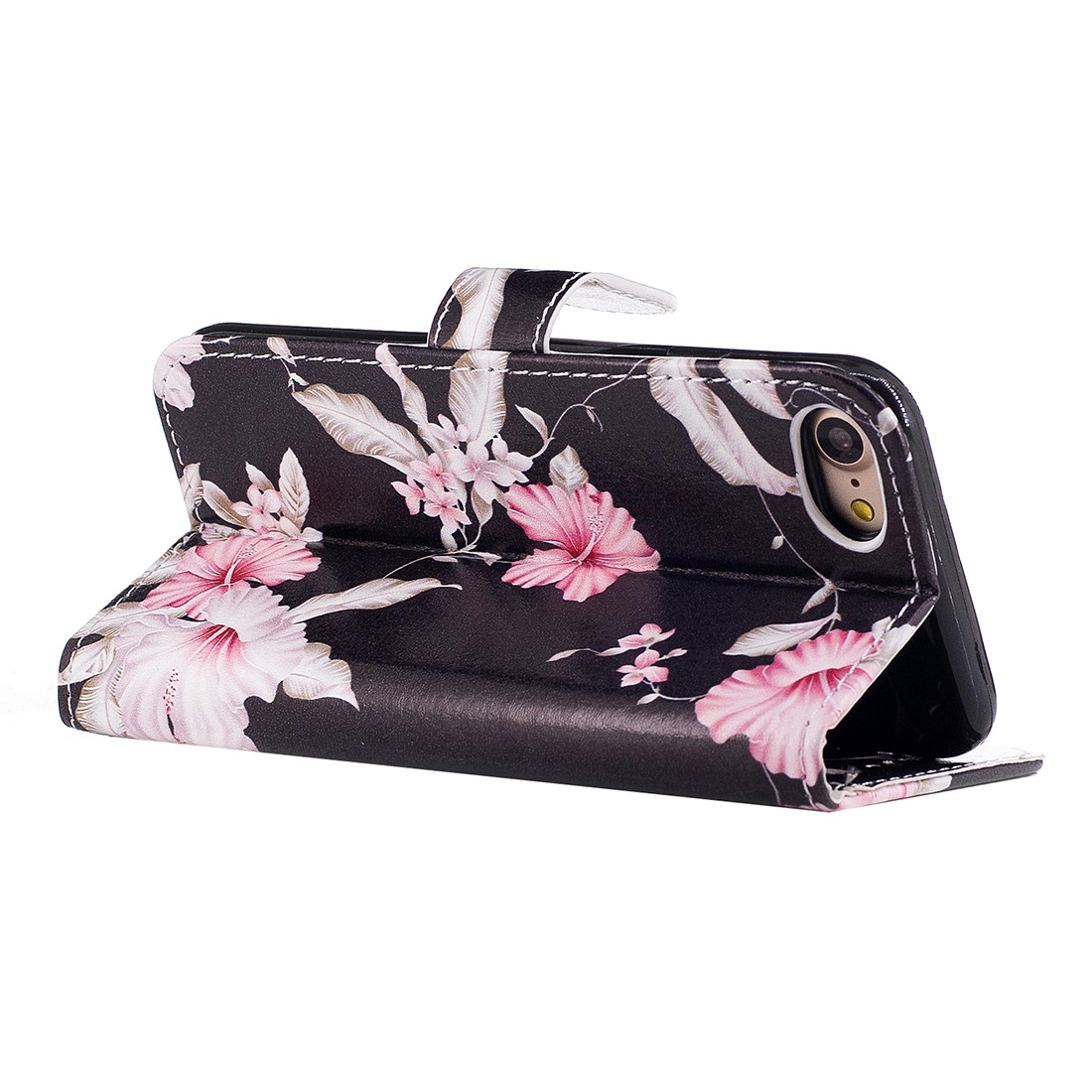 Plånboksfodral för iPhone 7 & 8 - Konstläder svart med rosa blommor