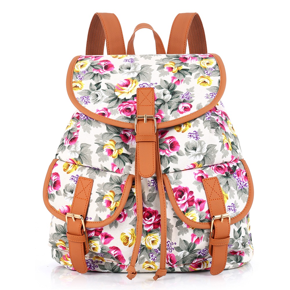 Ryggsäck - Rosa blommor beige