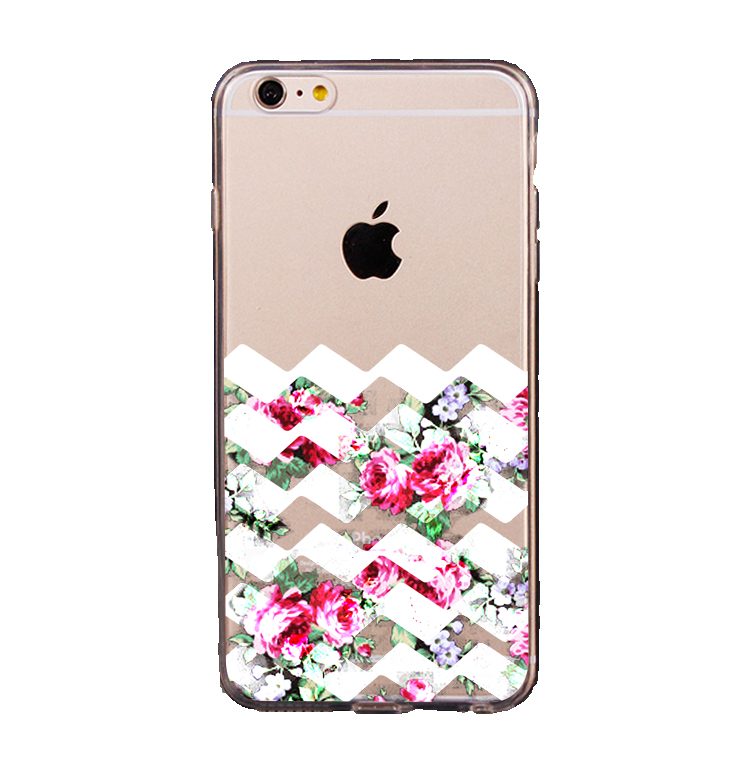 Mjukskal transparent för iPhone 6/6S - Rosa blommor & Zic Zac mönster vit